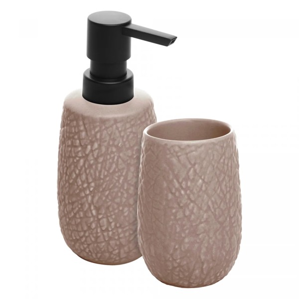 CONJUNTO JOGO KIT 2 PECAS PARA BANHEIRO DE CERAMICA STONE BEGE SABONETE LIQUIDO E POTE R.00394