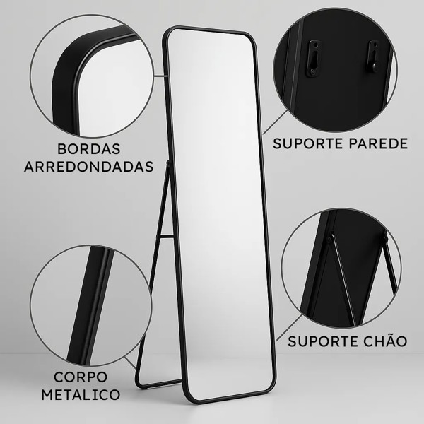 ESPELHO DE CHAO RETANGULAR PRETO ALUMINIO E VIDRO 150X40X2,8CM R.02538