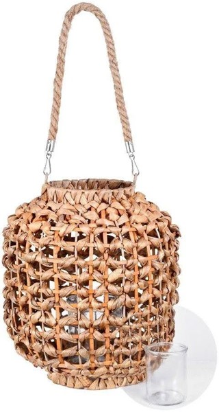 LANTERNA DECOR RATTAN COM COPO DE VIDRO NATURAL 30CM 26D FLORARTE R.02862