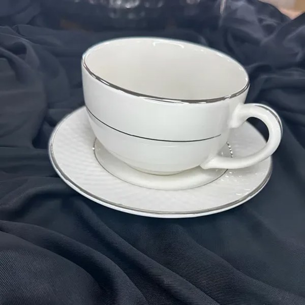 CONJUNTO 4 XICARAS DE CHA TRADICIONAL FILETADA COM PIRES DE PORCELANA BRANCO E DETALHES PRATA PLUS ALLEANZA R.03027