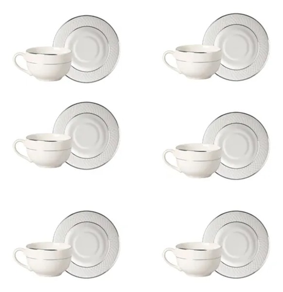 CONJUNTO 4 XICARAS DE CHA TRADICIONAL FILETADA COM PIRES DE PORCELANA BRANCO E DETALHES PRATA PLUS ALLEANZA R.03027
