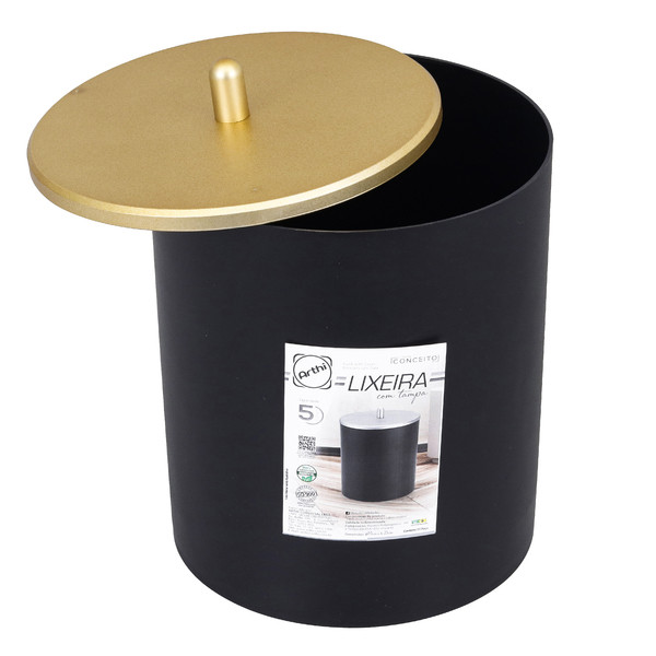 LIXEIRA PRETA PARA BANHEIRO ESCRITORIO LAVABOS COZINHA EM ACO ESCOVADO PREMIUM COM TAMPA 5 LITROS ARTHI R.03087