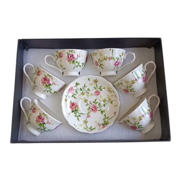 JOGO 6 XICARAS E PIRES CAFE FLORES PORCELANA 120ML FLORAL ROSA R.03124