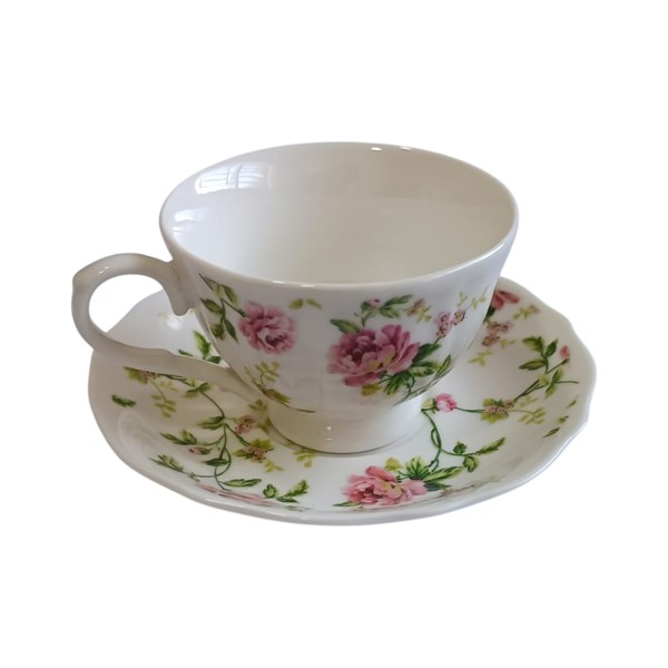 JOGO 6 XICARAS E PIRES CAFE FLORES PORCELANA 120ML FLORAL ROSA R.03124