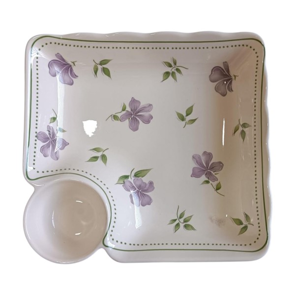 TRAVESSA QUADRADA COM MOLHEIRA ACOPLADA PORCELANA LAVANDA 19X18X4CM