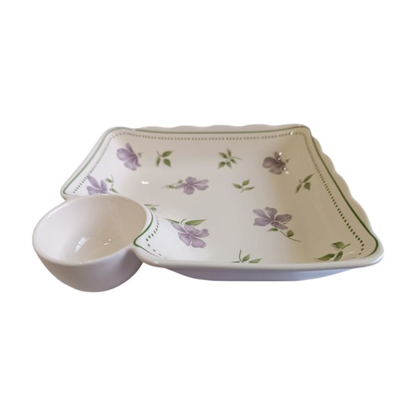 TRAVESSA QUADRADA COM MOLHEIRA ACOPLADA PORCELANA LAVANDA 19X18X4CM