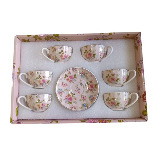 JOGO 6 XICARAS E PIRES CAFE FLORAL ROSA PORCELANA 120ML R.03134