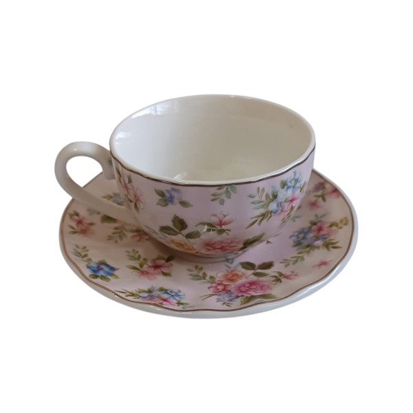 JOGO 6 XICARAS E PIRES CAFE FLORAL ROSA PORCELANA 120ML R.03134