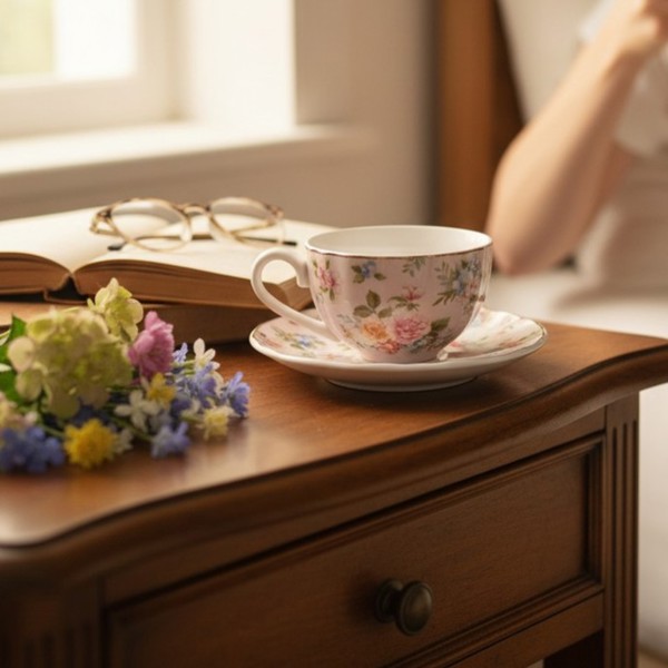 JOGO 6 XICARAS E PIRES CAFE FLORAL ROSA PORCELANA 120ML R.03134
