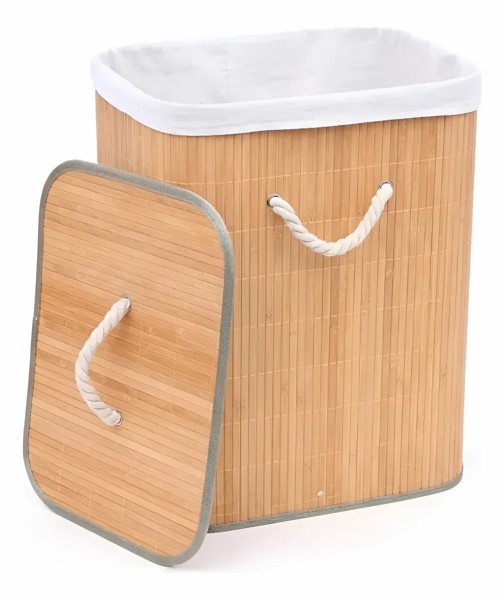 CESTO ORGANIZADOR BAMBU COM TAMPA 40LX30PX50A CM MIMO STYLE CESTO PARA ROUPA SUJA BANHEIRO LAVANDERIA PORTA OBJETOS INFANTIL RETANGULAR ECOLOGICO BEGE CLARO COM FORRO REMOVIVEL ALCAS LATERAIS R.03078