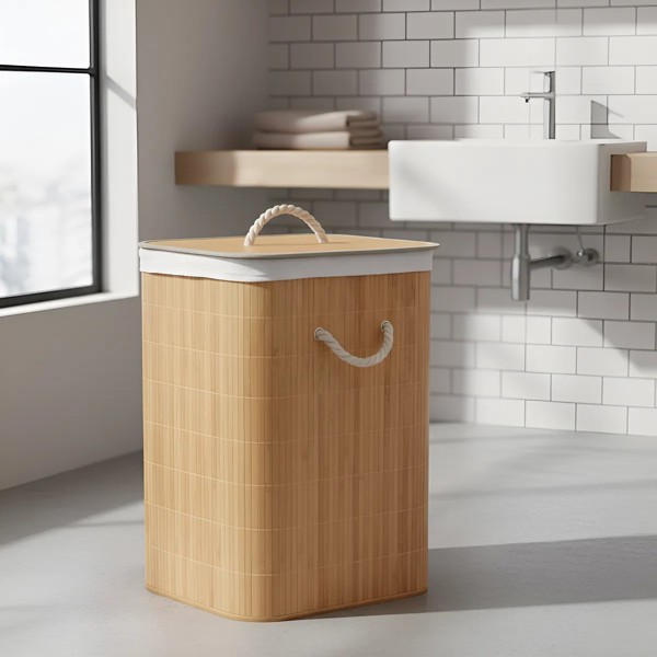 CESTO ORGANIZADOR BAMBU COM TAMPA 40LX30PX50A CM MIMO STYLE CESTO PARA ROUPA SUJA BANHEIRO LAVANDERIA PORTA OBJETOS INFANTIL RETANGULAR ECOLOGICO BEGE CLARO COM FORRO REMOVIVEL ALCAS LATERAIS R.03078
