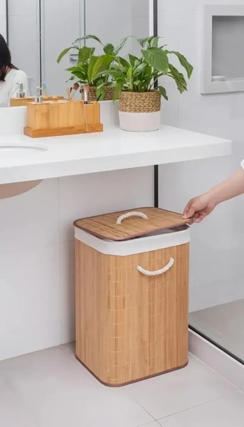 CESTO ORGANIZADOR BAMBU COM TAMPA 40LX30PX50A CM MIMO STYLE CESTO PARA ROUPA SUJA BANHEIRO LAVANDERIA PORTA OBJETOS INFANTIL RETANGULAR ECOLOGICO BEGE CLARO COM FORRO REMOVIVEL ALCAS LATERAIS R.03078