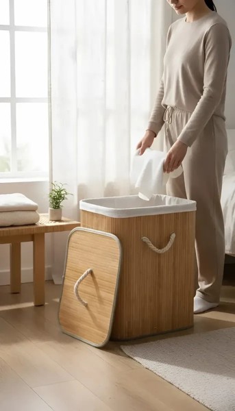 CESTO ORGANIZADOR BAMBU COM TAMPA 40LX30PX50A CM MIMO STYLE CESTO PARA ROUPA SUJA BANHEIRO LAVANDERIA PORTA OBJETOS INFANTIL RETANGULAR ECOLOGICO BEGE CLARO COM FORRO REMOVIVEL ALCAS LATERAIS R.03078