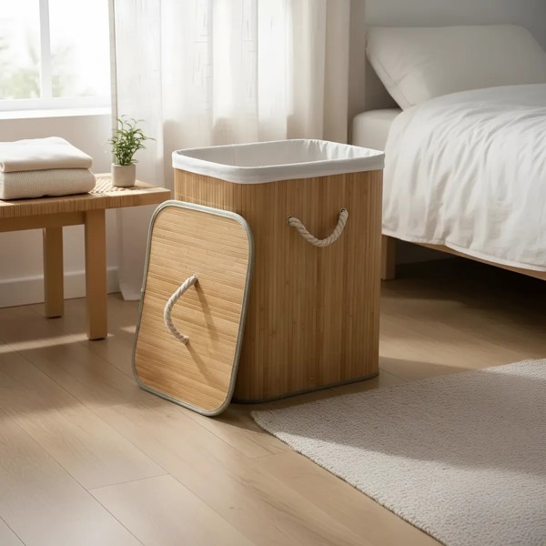 CESTO ORGANIZADOR BAMBU COM TAMPA 40LX30PX50A CM MIMO STYLE CESTO PARA ROUPA SUJA BANHEIRO LAVANDERIA PORTA OBJETOS INFANTIL RETANGULAR ECOLOGICO BEGE CLARO COM FORRO REMOVIVEL ALCAS LATERAIS R.03078