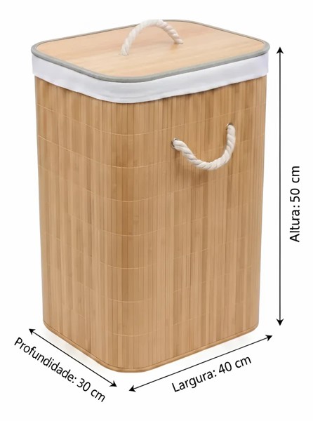 CESTO ORGANIZADOR BAMBU COM TAMPA 40LX30PX50A CM MIMO STYLE CESTO PARA ROUPA SUJA BANHEIRO LAVANDERIA PORTA OBJETOS INFANTIL RETANGULAR ECOLOGICO BEGE CLARO COM FORRO REMOVIVEL ALCAS LATERAIS R.03078