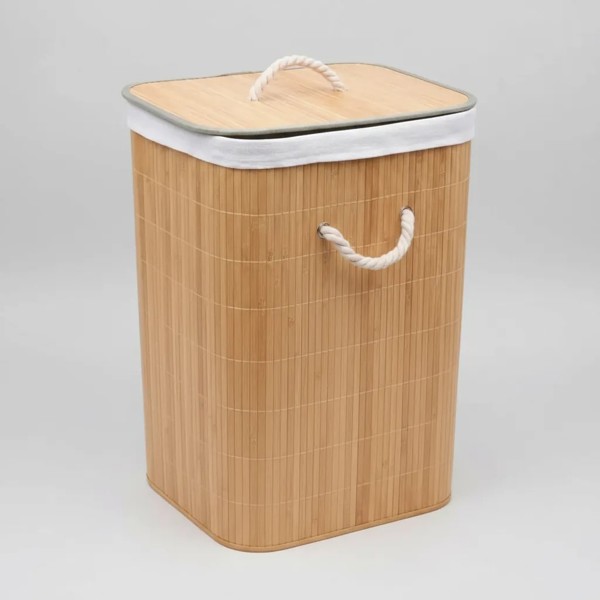 CESTO ORGANIZADOR BAMBU COM TAMPA 40LX30PX50A CM MIMO STYLE CESTO PARA ROUPA SUJA BANHEIRO LAVANDERIA PORTA OBJETOS INFANTIL RETANGULAR ECOLOGICO BEGE CLARO COM FORRO REMOVIVEL ALCAS LATERAIS R.03078