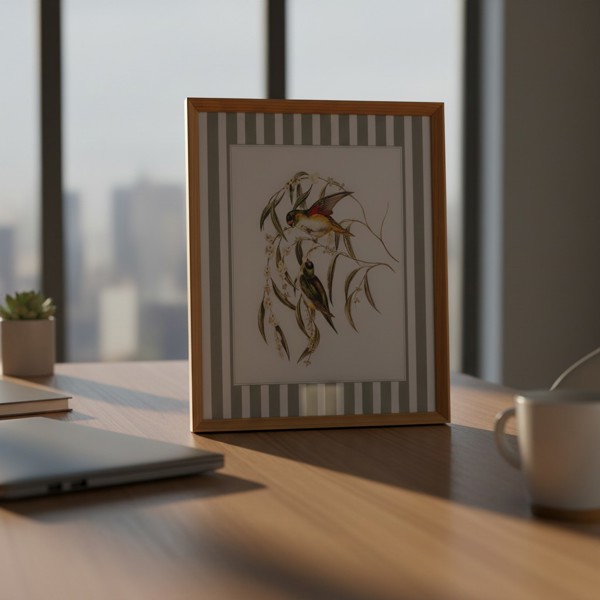 QUADRO PASSARO MOLDURA MADEIRA CHANFRADA BAIXA 48X59CM COM VIDRO PROTECAO TELA DECORATIVA PAREDE ADORNO SALA QUARTO CORREDOR PINTURA NATUREZA MOLDURADO DESIGN LUXO CASA DECORI R.03255