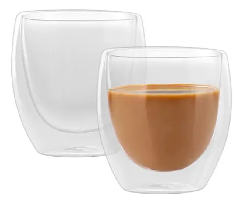 CONJUNTO COPOS VIDRO BORO 90ML 6,5X7CM CAFE PAREDE DUPLA COM 2 PCS TRANSPARENTE FLORARTE R.03290