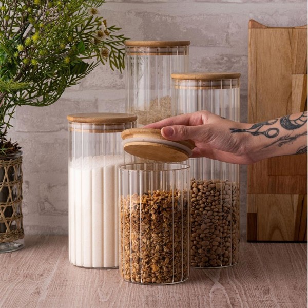 POTE DE VIDRO HERMETICO TAMPA DE BAMBU 700ML ORGANIZADOR RECIPIENTE PARA MANTIMENTOS FRASCO ARMAZENADOR CONDIMENTOS COZINHA MINIMALISTA R.03529