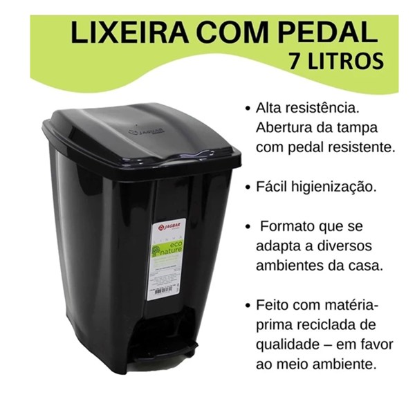 LIXEIRA COM PEDAL 7 LITROS ECO PRETA JAGUAR R.31177