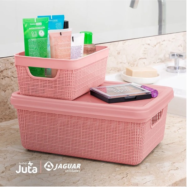 KIT 5 CAIXAS ORGANIZADORAS DE JUTA 1.8L 5L 15L ROSE JAGUAR R.31214