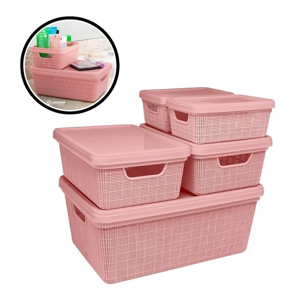 KIT 5 CAIXAS ORGANIZADORAS DE JUTA 1.8L 5L 15L ROSE JAGUAR R.31214