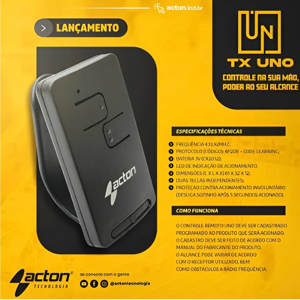CONTROLE REMOTO PORTAO MOTOR UNIVERSAL ACTON 433MHZ TX UNO BLACK R.30931