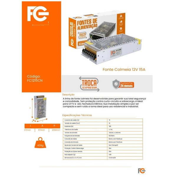 FONTE DE ALIMENTACAO CHAVEADA COLMEIA 12V 20A FC-1220CN FC R.30647