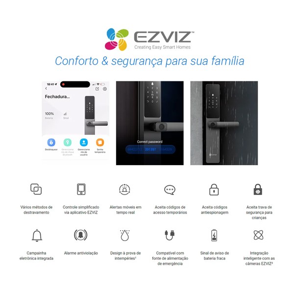 FECHADURA DIGITAL INTELIGENTE BIOMETRIA SENHA E CARTAO EZVIZ CS-DL05-R100-WBCP-GR R.31143