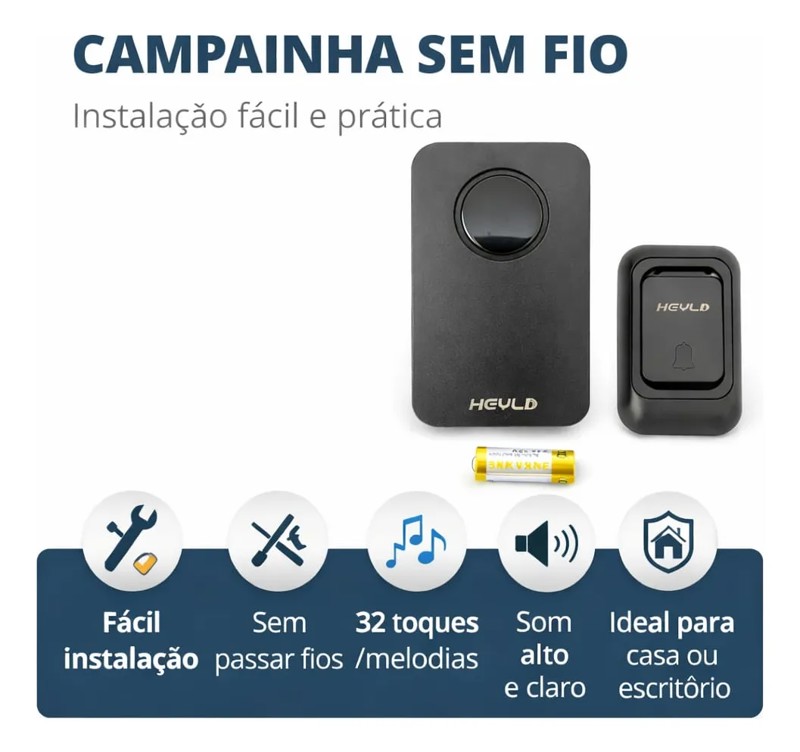 CAMPANHIA SEM FIO DOORBELL HEYLI HY-22 COM BATERIA PRETA 32 TOQUES R.00718