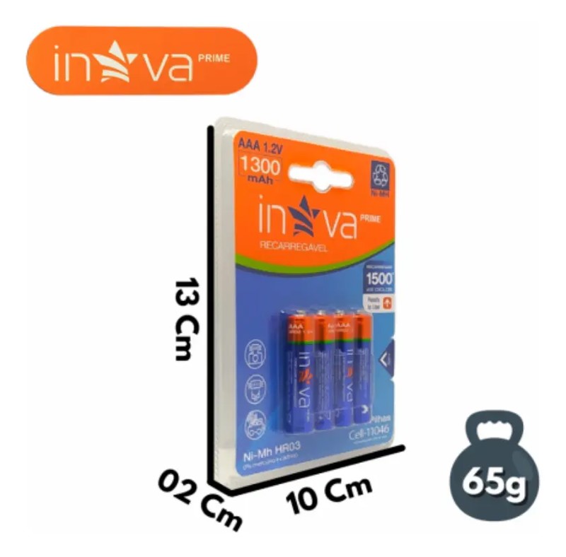 PILHA RECARREGAVEL AAA 1300MA COM 4 UNIDADES INOVA CELL-12079 R.02278