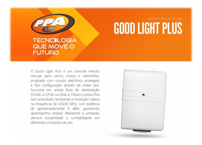 CONTROLE REMOTO PARA MOTOR DE PORTAO PPA TX-CAR GOOD LIGHT PLUS A22196 R.31009 - D