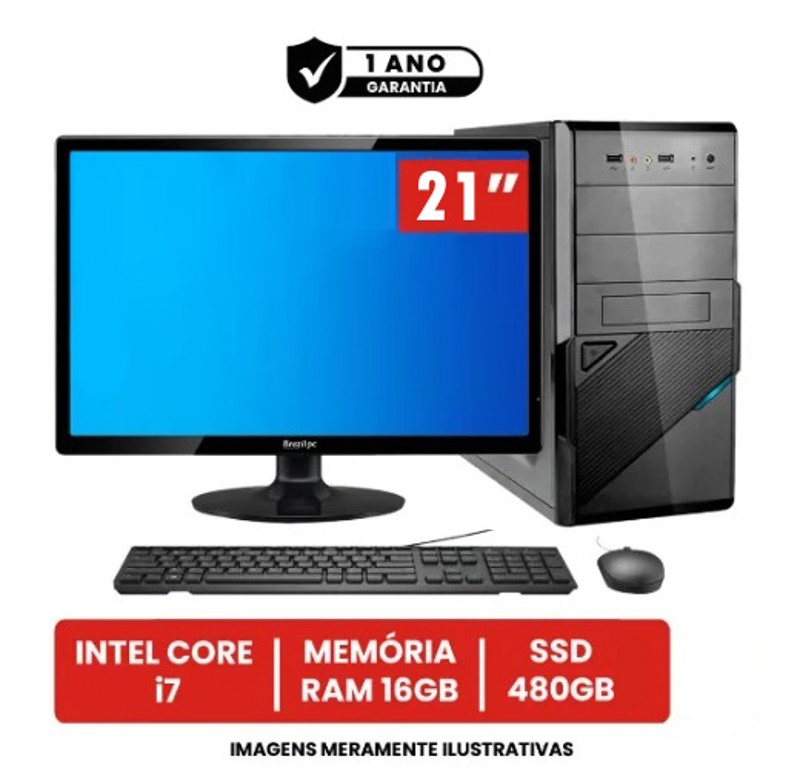 COMPUTADOR COMPLETO INTEL CORE I7 8ª G / 16GB(2X8GB) / SSD480 / MONITOR LED 21,5 / TECLADO E MOUSE