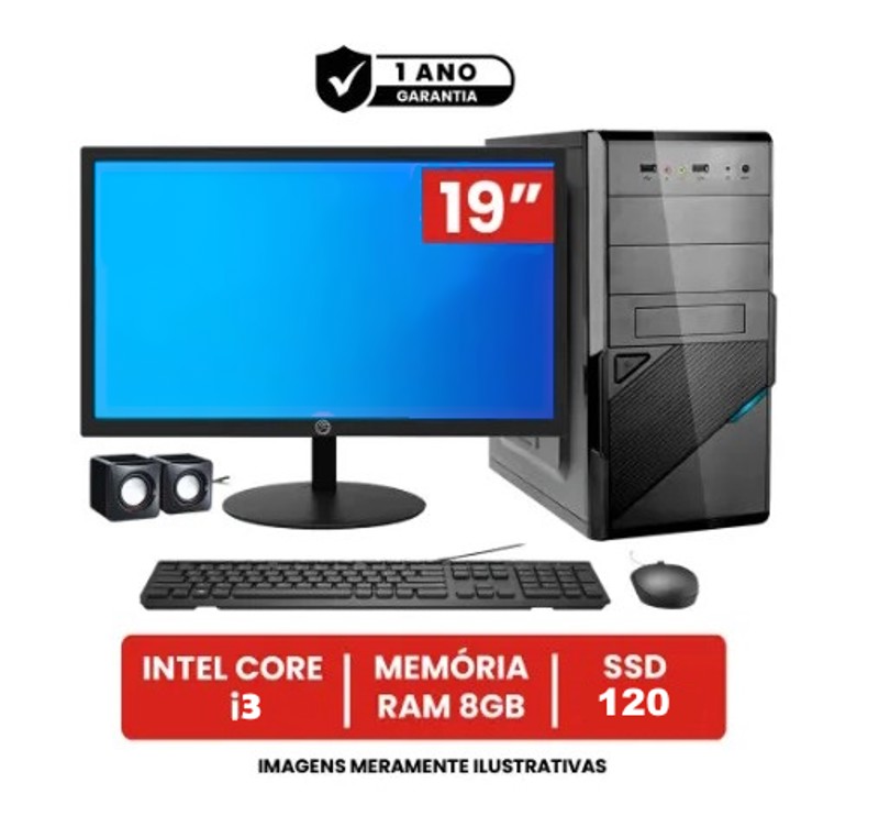 COMPUTADOR COMPLETO INTEL CORE I3 2ª G / 8GB / SSD120 / MONITOR LED 19 / TECLADO E MOUSE
