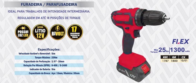 PARAFUSADEIRA / FURADEIRA LOTUS BIVOLT  A BATERIA 12V C/ 17 PEÇAS 
