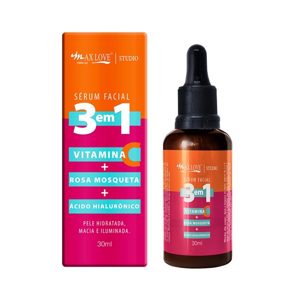 Max Love Serum Facial 3 em 1 Vitamina + C Rosa Mosqueta + Ácido Hialurônico - Pele Hidratada C/24