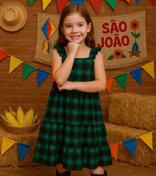 VESTIDO XADREZ INF LILI BEIJ ALÇA = VERDE - TAM-6....7890960107924