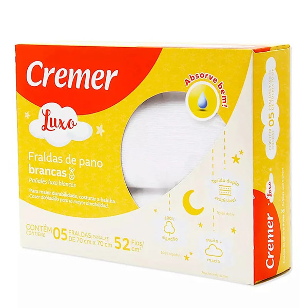 FRALDA CREMER LUXO C/5 70X70 LISA - BRANCO...7891800332629