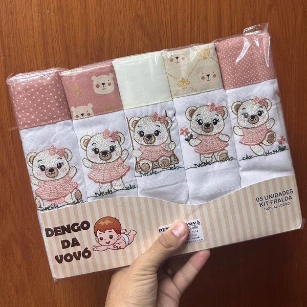 KIT FRALDA ROLO LUXO C/5 70X70 BORD DENGO DA VOVO FEM - URSA ROSEE...7895265779180