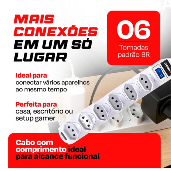 EXTENSÃO FILTRO DE LINHA RÉGUA 6 TOMADAS BIVOLT