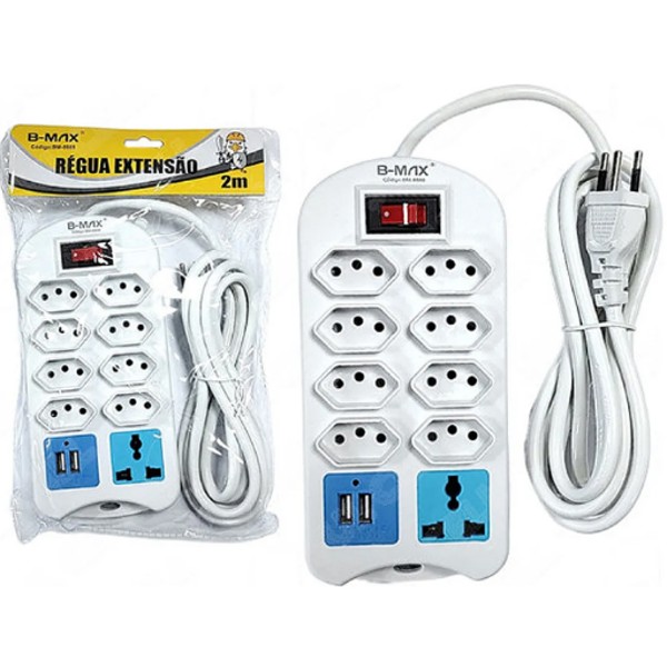 EXTENSÃO FILTRO DE LINHA RÉGUA 8 TOMADAS 2 USB COM CABO 2 MT
