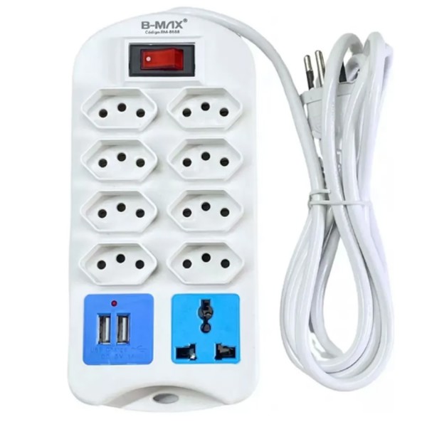 EXTENSÃO FILTRO DE LINHA RÉGUA 8 TOMADAS 2 USB COM CABO 2 MT