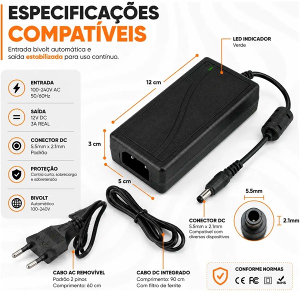 Fonte Adaptador Dc 12v 5a Ac - 100-240v Preto