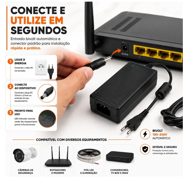 Fonte Adaptador Dc 12v 5a Ac - 100-240v Preto