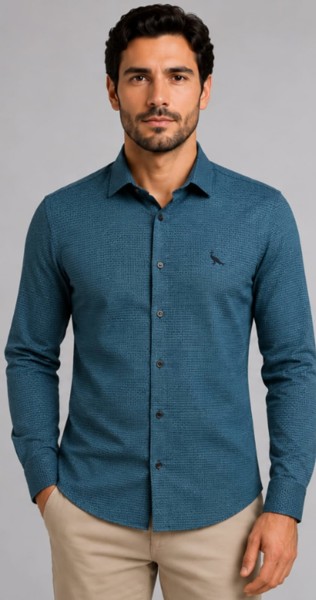 Camisa Social Peacock Slim Escama Verde Petroleo