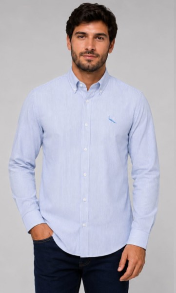 Camisa Social Tricoline Peacock Azul Listra