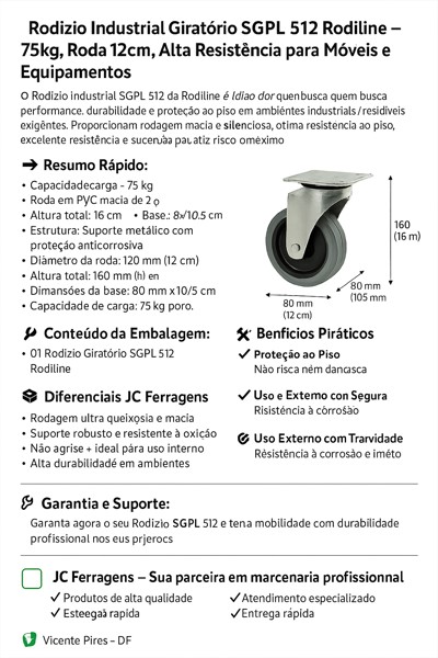 RODIZIO INDUSTRIAL 160MM SEM TRAVA RODILINE - SGPL 512 (75KG)