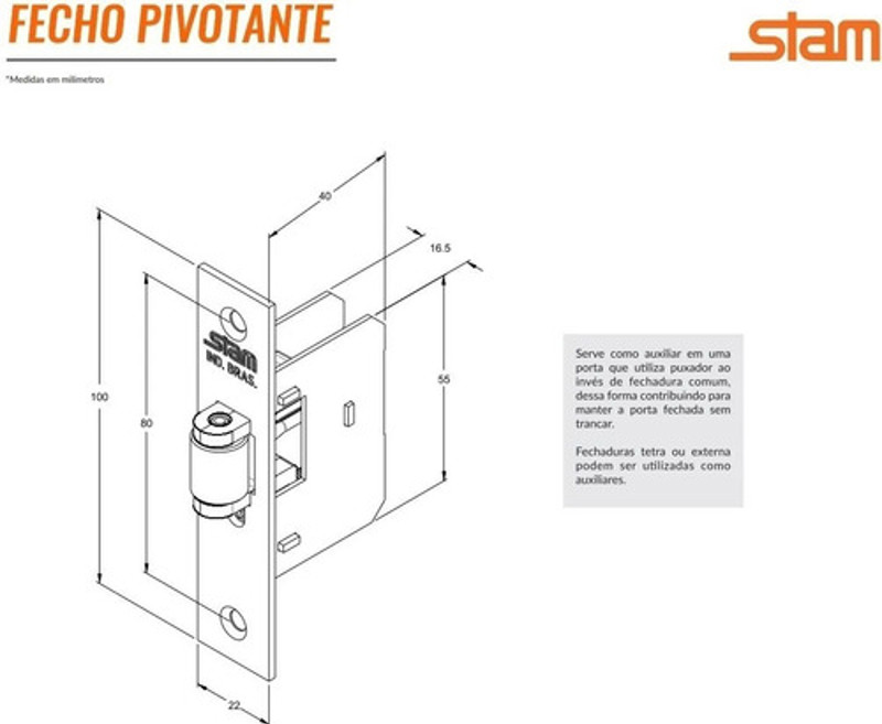 FECHADURA PIVOTANTE AUXILIAR FECHO ROLETE CROMADA STAM