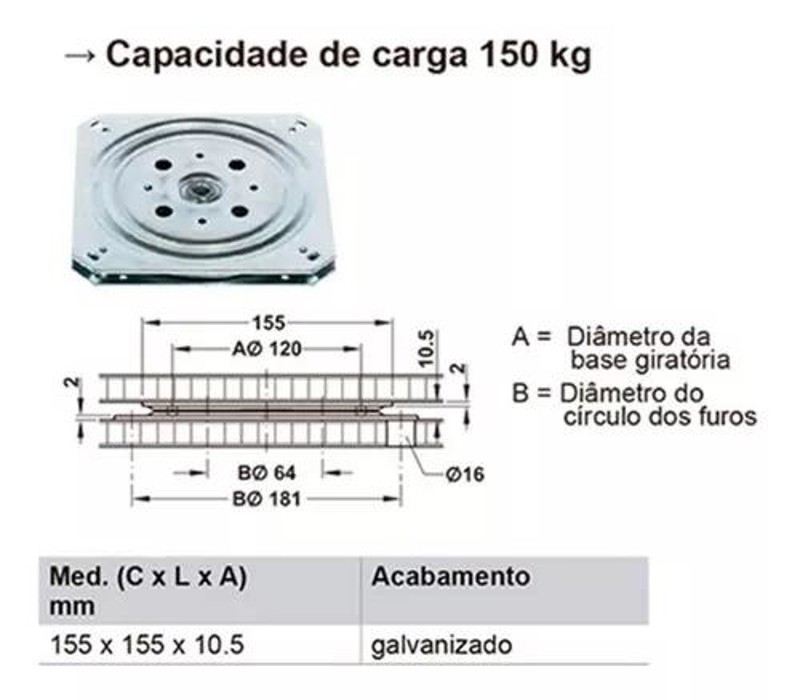 BASE GIRATORIA QUADRADA 15X15CM ATE 150KG HAFELE - 646.18.908