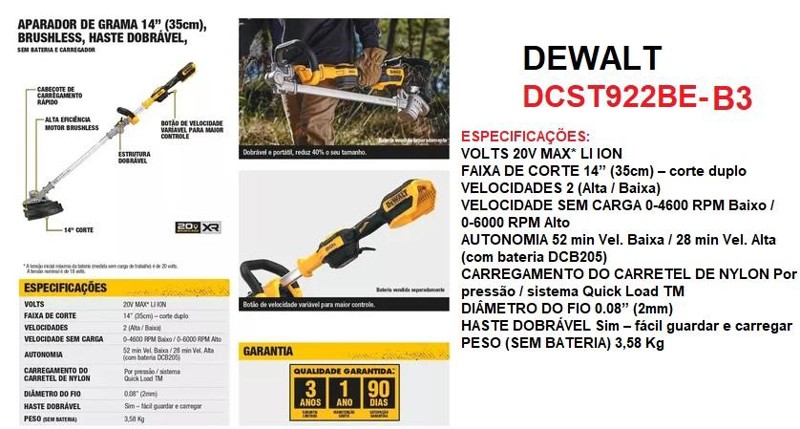 APARADOR DE GRAMA BATERIA 20V BRUSHLESS DEWALT - DCST922BE-B3